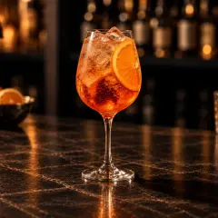Ett glas Aperol Spritz med is och apelsinskiva på en mörk bardisk. Bakom syns en ljusstake och flaskor.