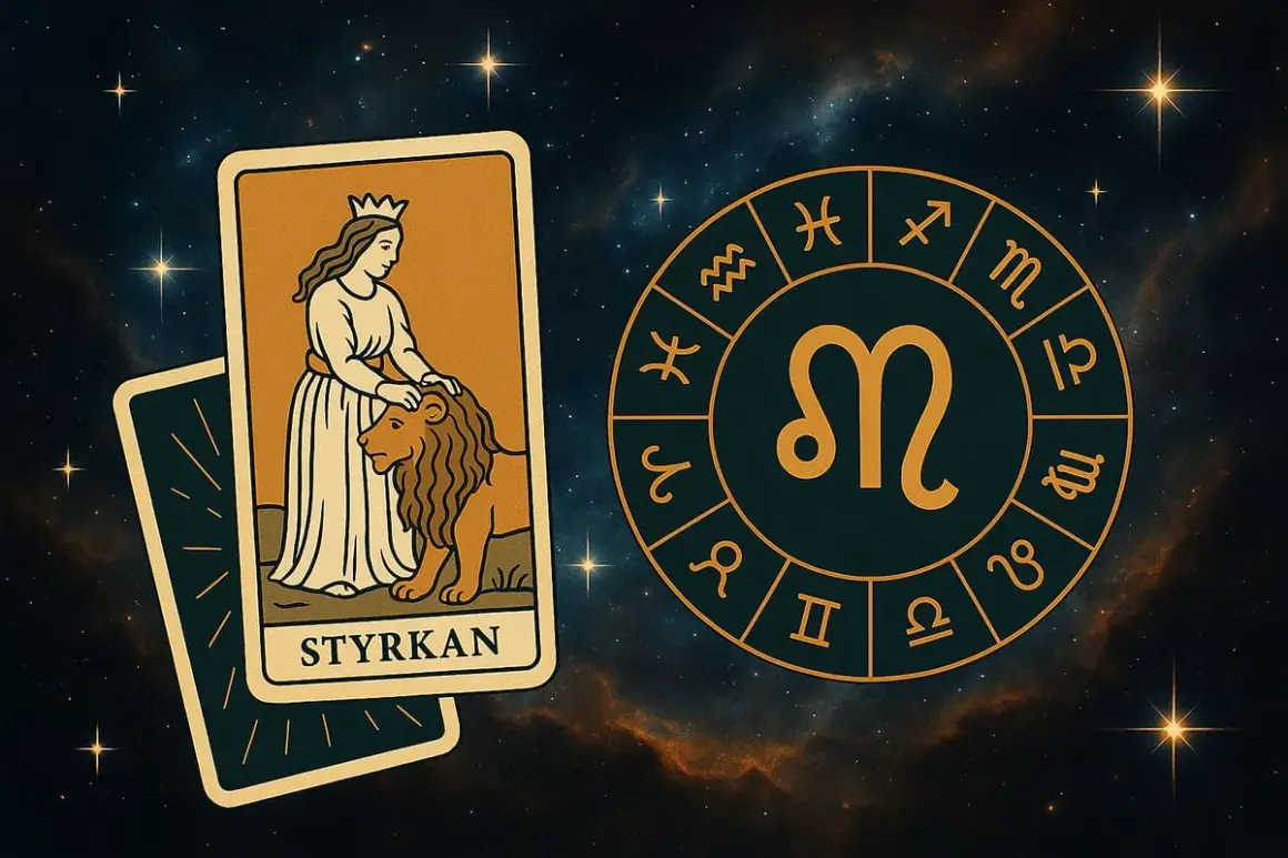 Tarotkortet Styrkan med en kvinna och ett lejon, bredvid ett astrologiskt hjul med Lejonets tecken. Perfekt för dagens horoskop.