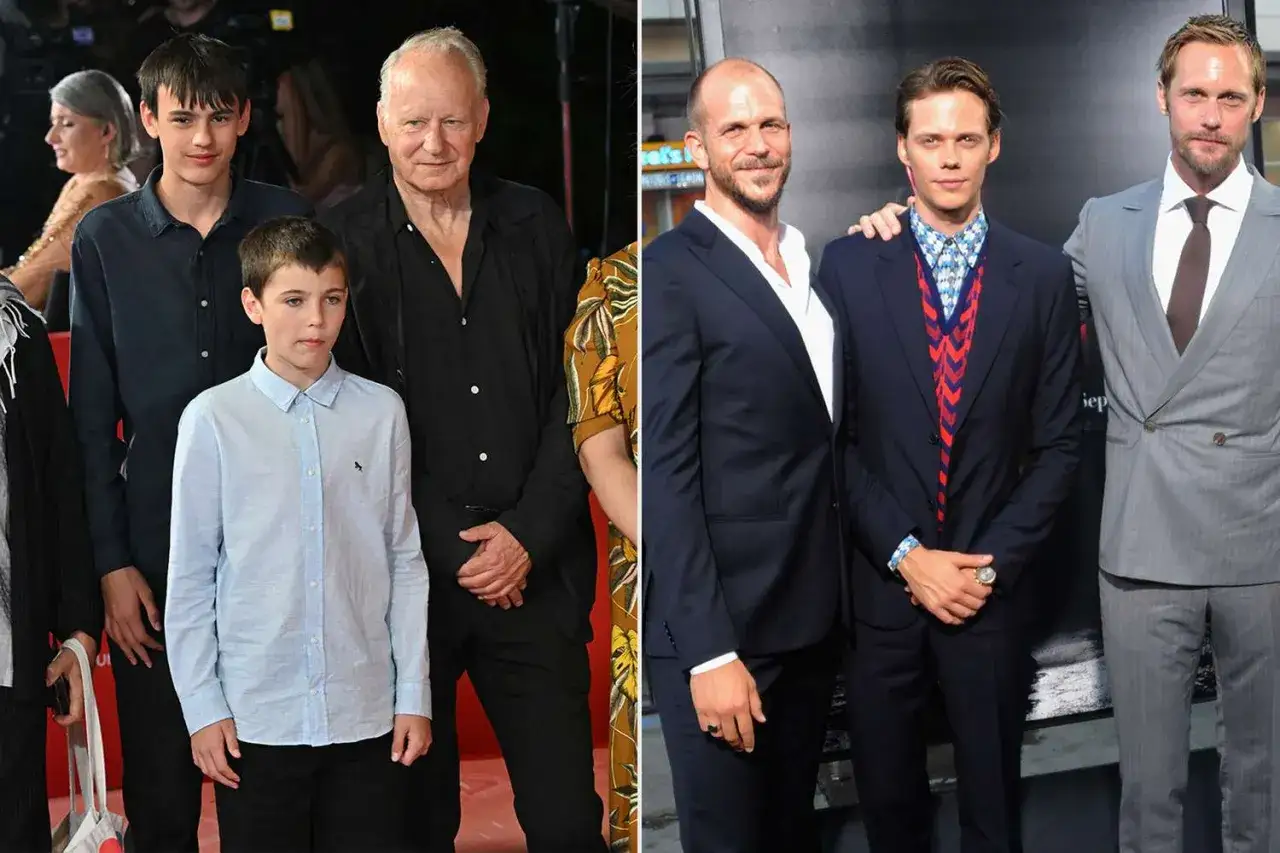 Sam Skarsgård med familj på röd matta. Till höger, Alexander Skarsgård med kollegor.